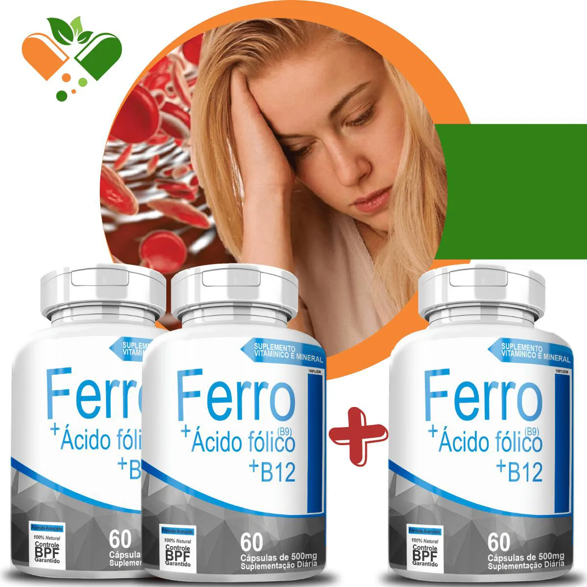 COMPRE 2 LEVE 3 POTES FERRO - B9 - B12 500MG 60 CáPSULAS