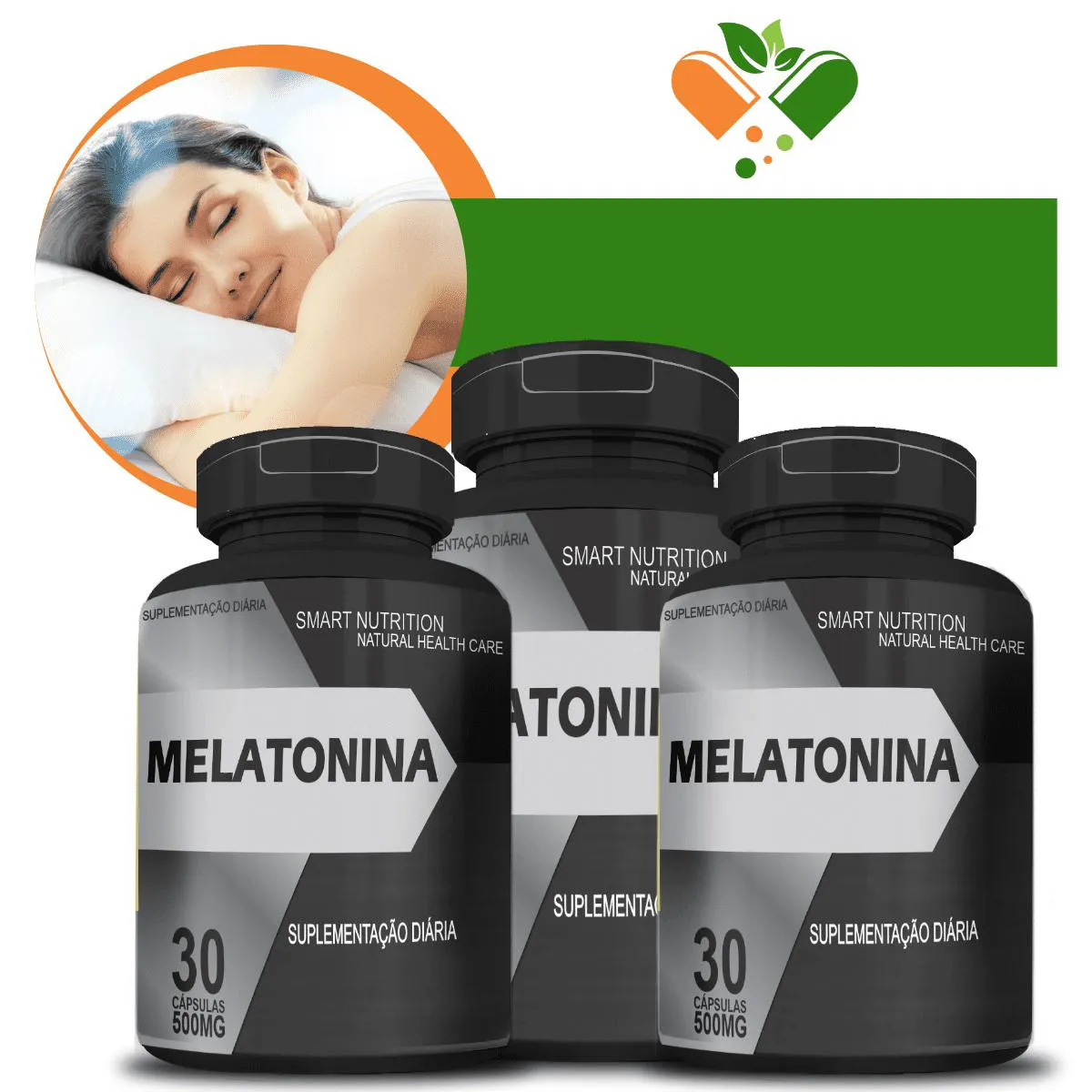 KIT COM 3 POTES MELATONINA 100% NATURAL C/30 CáPSULAS DE 500MG CADA - POTE PRETO