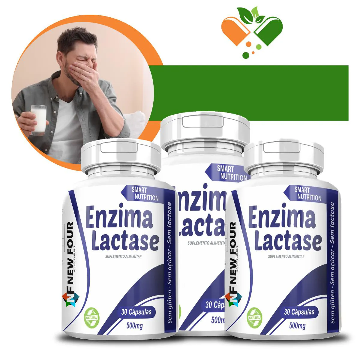 KIT COM 3 POTES DE ENZIMA LACTASE 500MG 30 CáPSULAS