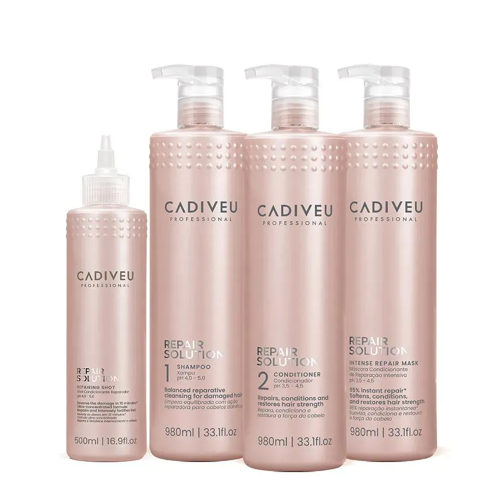 KIT CADIVEU REPAIR SOLUTION SHAMPOO SEM SULFATO CONDICIONADOR MáSCARA E SHOT (4 PRODUTOS)