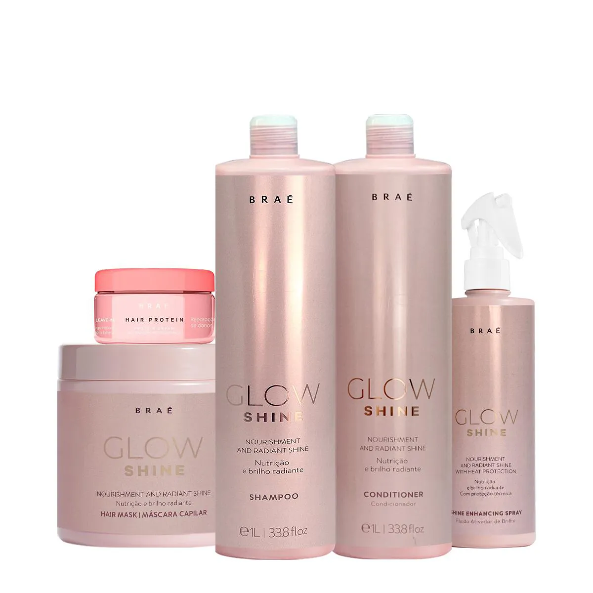 Kit Braé Glow Shine Shampoo Condicionador Máscara Leave - In Protein (5 Produtos)