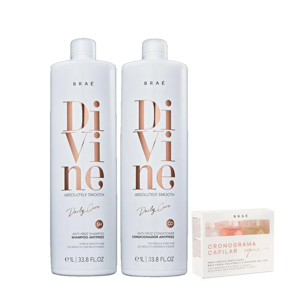 Braé Divine Anti - Frizz - Shampoo+Condicionador 1L+Cronograma Capilrar Repair Kit 3 Ampolas