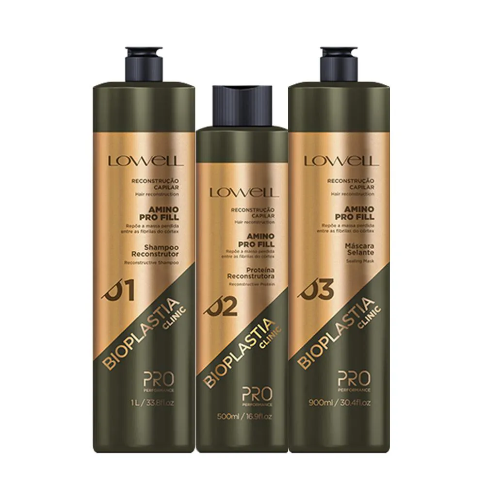 KIT LOWELL PRO BIOPLASTIA CLINIC SHAMPOO MáSCARA E PROTEíNA (3 PRODUTOS)