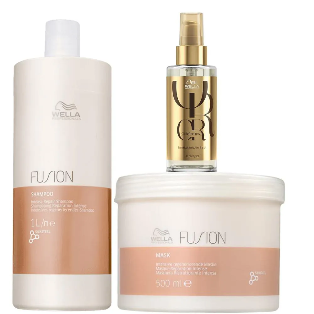 Kit Wella Professionals Fusion Profissional - Shampoo 1L + Máscara 500ml + Óleo Oil Reflections 100ml