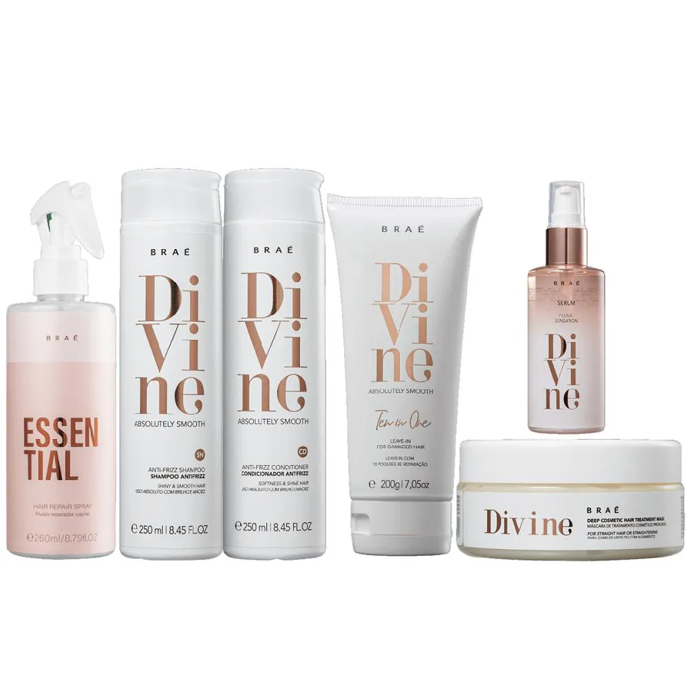 Kit Braé Divine Shampoo E Condicionador 250ml + Máscara + Leave - In 200ml + Serum Plume 60ml+Essential 260ml
