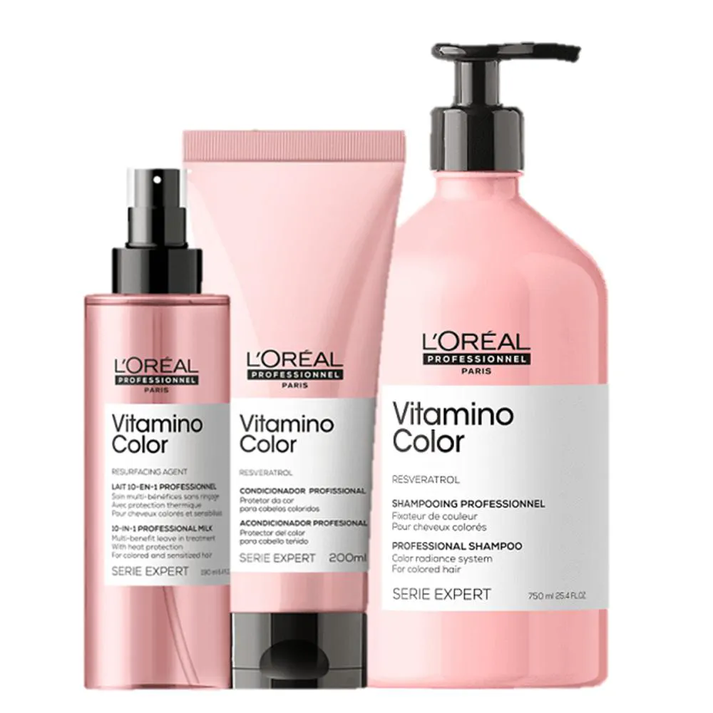 KIT L'ORéAL PROFESSIONNEL SERIE EXPERT VITAMINO COLOR SHAMPOO 750ML +CONDICIONADOR 200ML + LEAVE-IN 190ML (3 PRODUTOS)