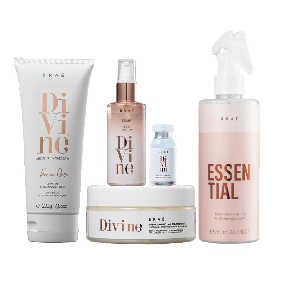 Braé Divine Máscara Capilar 200G+Leave - In 200G+Sérum Reparador 60ml+Ampola 13ml+Essential 260ml
