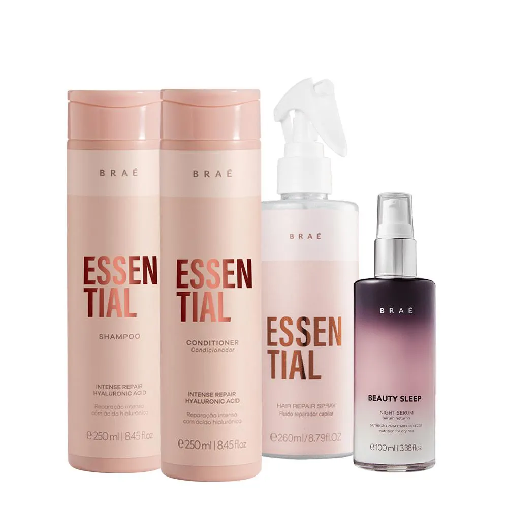 Kit Braé Essential Shampoo Condicionador Hair Repair Spray E Beauty Sleep (4 Produtos)