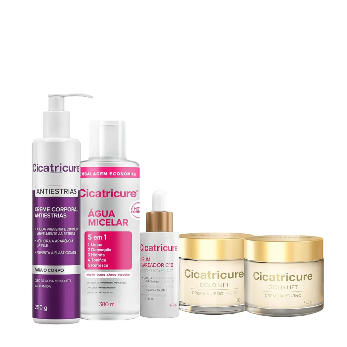 KIT CICATRICURE ANTIESTRIAS ÁGUA MICELAR CLAREADOR E ANTI  IDADE (5 PRODUTOS)