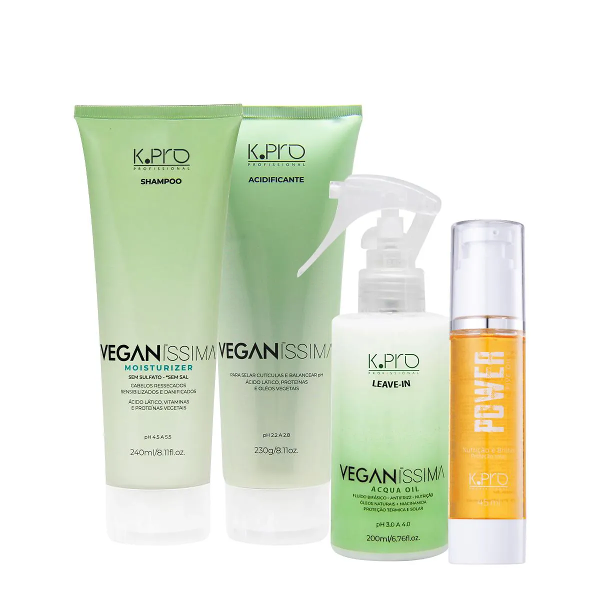 KIT K.PRO VEGANíSSIMA MOISTURIZER SHAMPOO ACIDIFICANTE LEAVE-IN E ÓLEO CAPILAR (4 PRODUTOS)