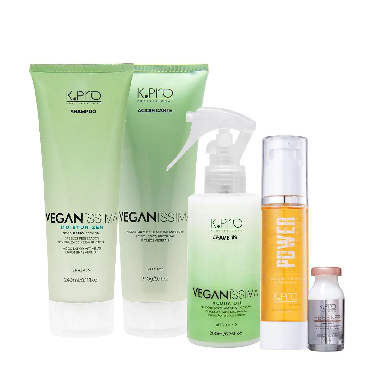 KIT K.PRO VEGANíSSIMA COMPLETO E REGENéR SHOT REPAIR AMPOLA DE TRATAMENTO (5 PRODUTOS)