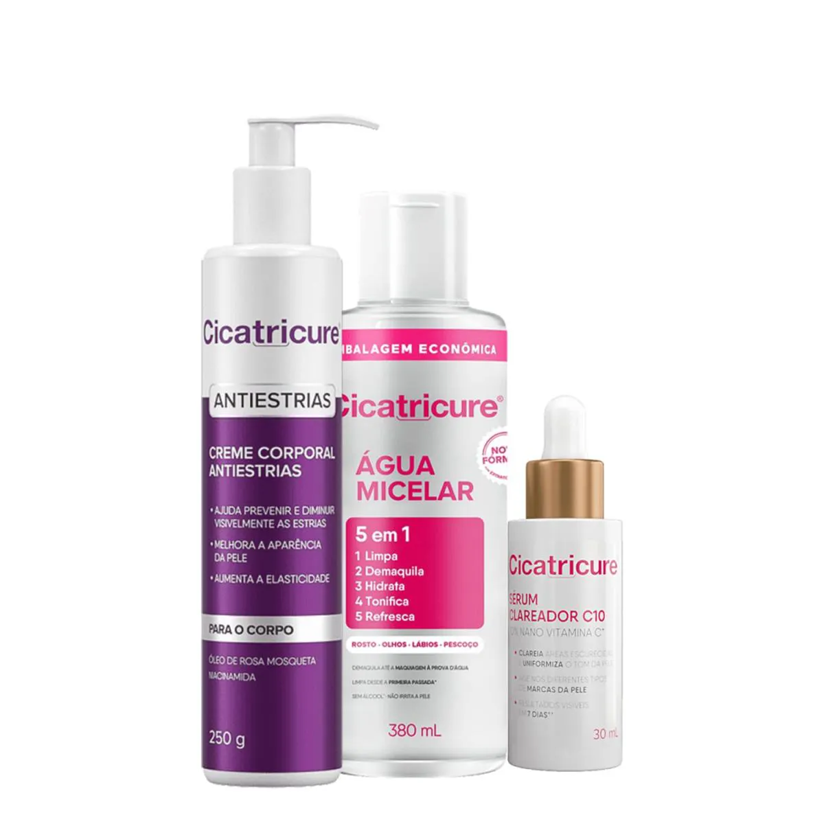 KIT CICATRICURE ANTIESTRIAS ÁGUA MICELAR E CLAREADOR (3 PRODUTOS)
