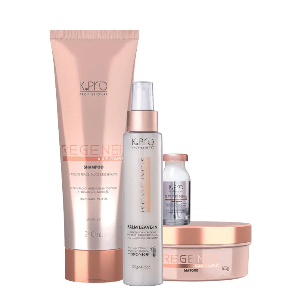 KIT K.PRO PROFISSIONAL REGENéR SHAMPOO MáSCARA LEAVE-IN AMPOLA (4 PRODUTOS)