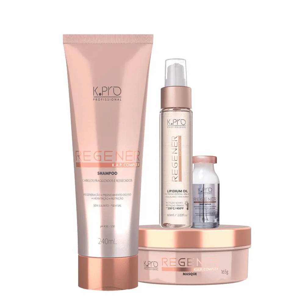 KIT K.PRO PROFISSIONAL REGENéR SHAMPOO MáSCARA OIL E AMPOLA (4 PRODUTOS)