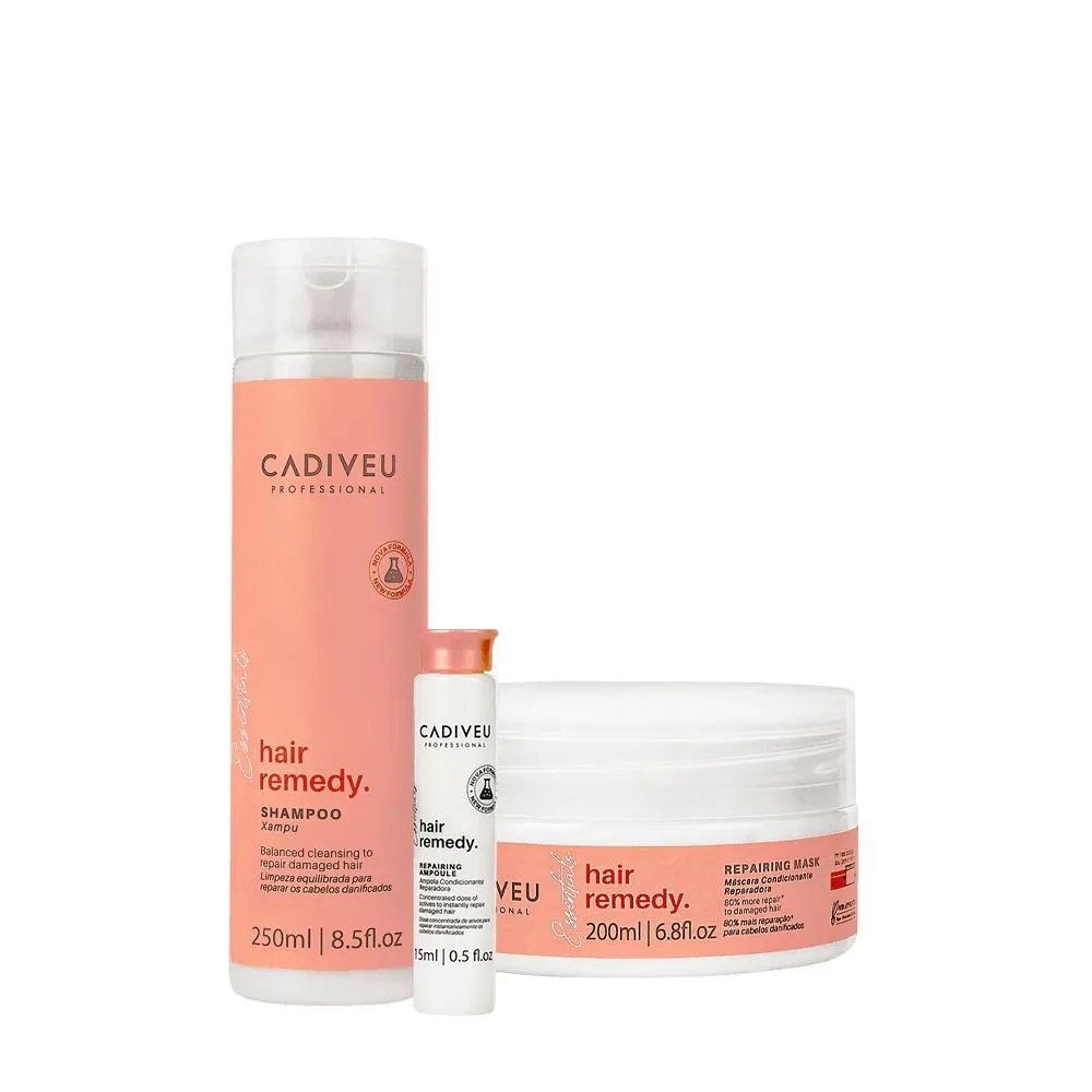 KIT CADIVEU PROFESSIONAL HAIR REMEDY SHAMPOO AMPOLA E MáSCARA (3 PRODUTOS)