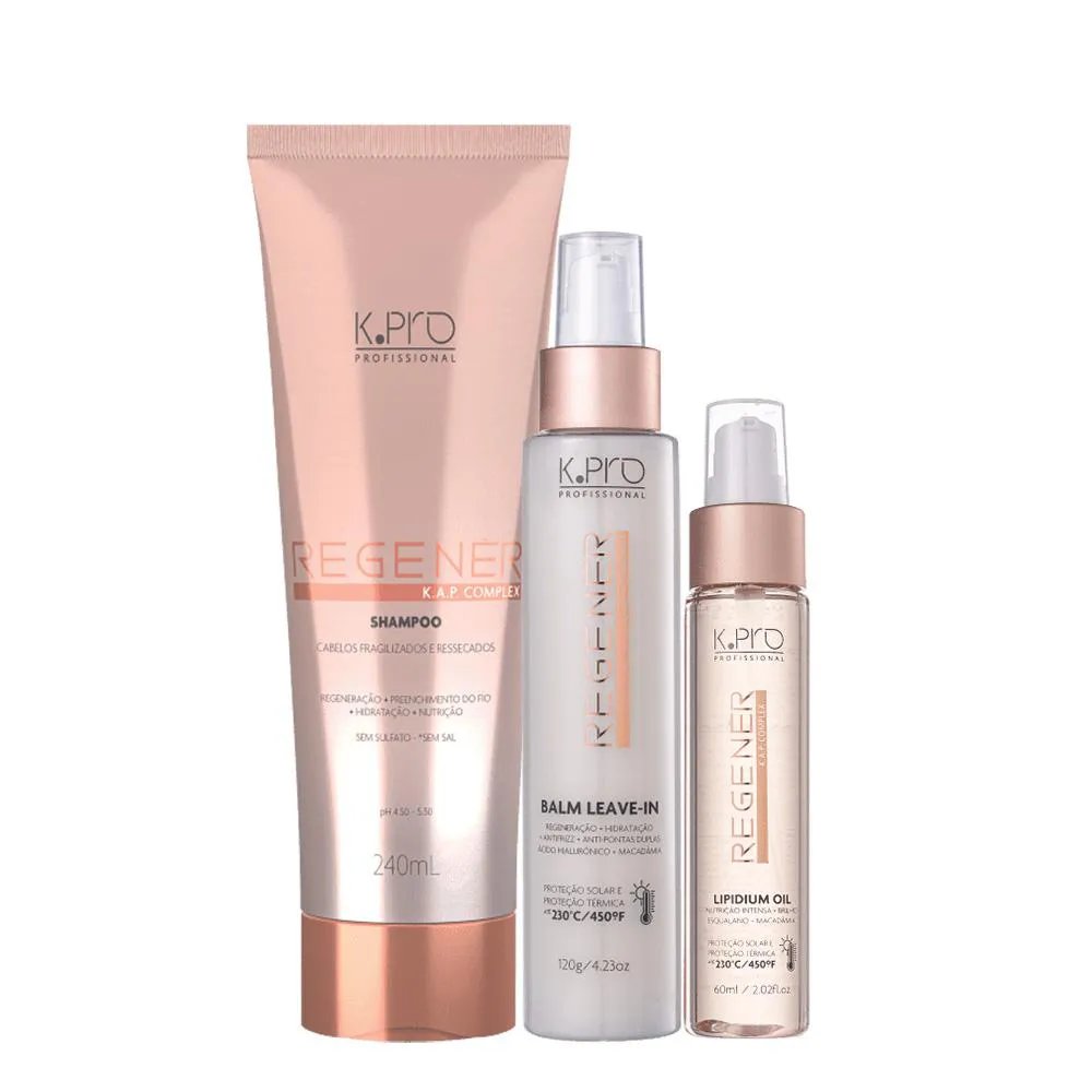 KIT K.PRO PROFISSIONAL REGENéR SHAMPOO LEAVE-IN E OIL (3 PRODUTOS)