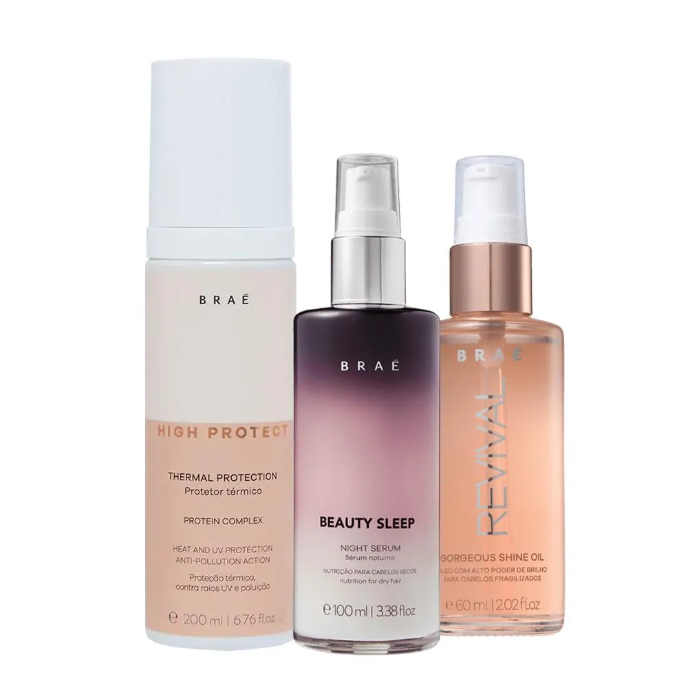 Kit Braé High Protect Thermal Protection Beauty Sleep Night E Revival Gorgeous Shine Oil (3 Produtos)