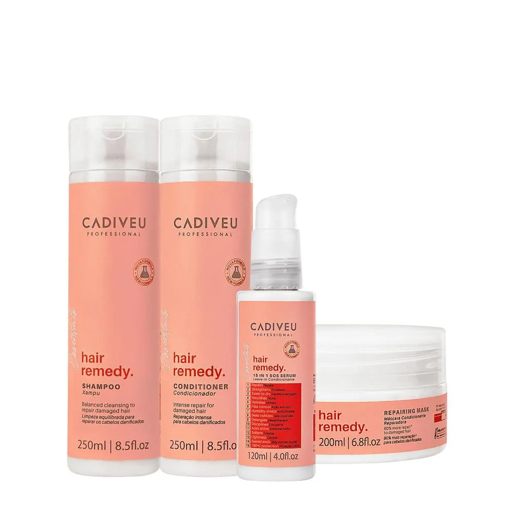 KIT CADIVEU PROFESSIONAL HAIR REMEDY SHAMPOO CONDICIONADOR MáSCARA E LEAVE-IN (4 PRODUTOS)
