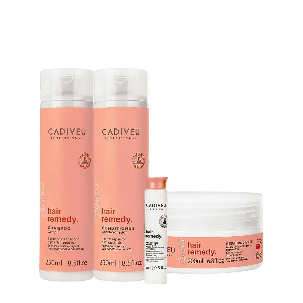 KIT CADIVEU PROFESSIONAL HAIR REMEDY SHAMPOO CONDICIONADOR MáSCARA E AMPOLA (4 PRODUTOS)