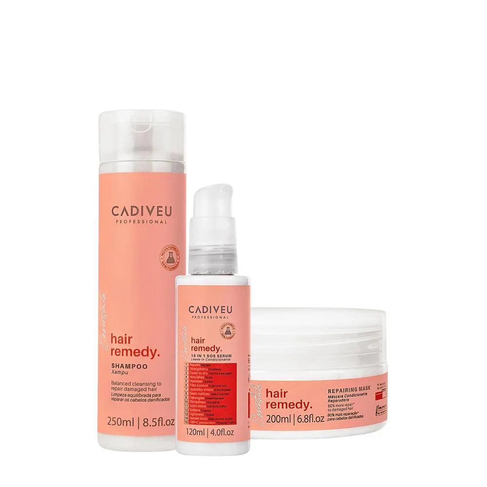 KIT CADIVEU PROFESSIONAL HAIR REMEDY SHAMPOO LEAVE-IN E MáSCARA (3 PRODUTOS)