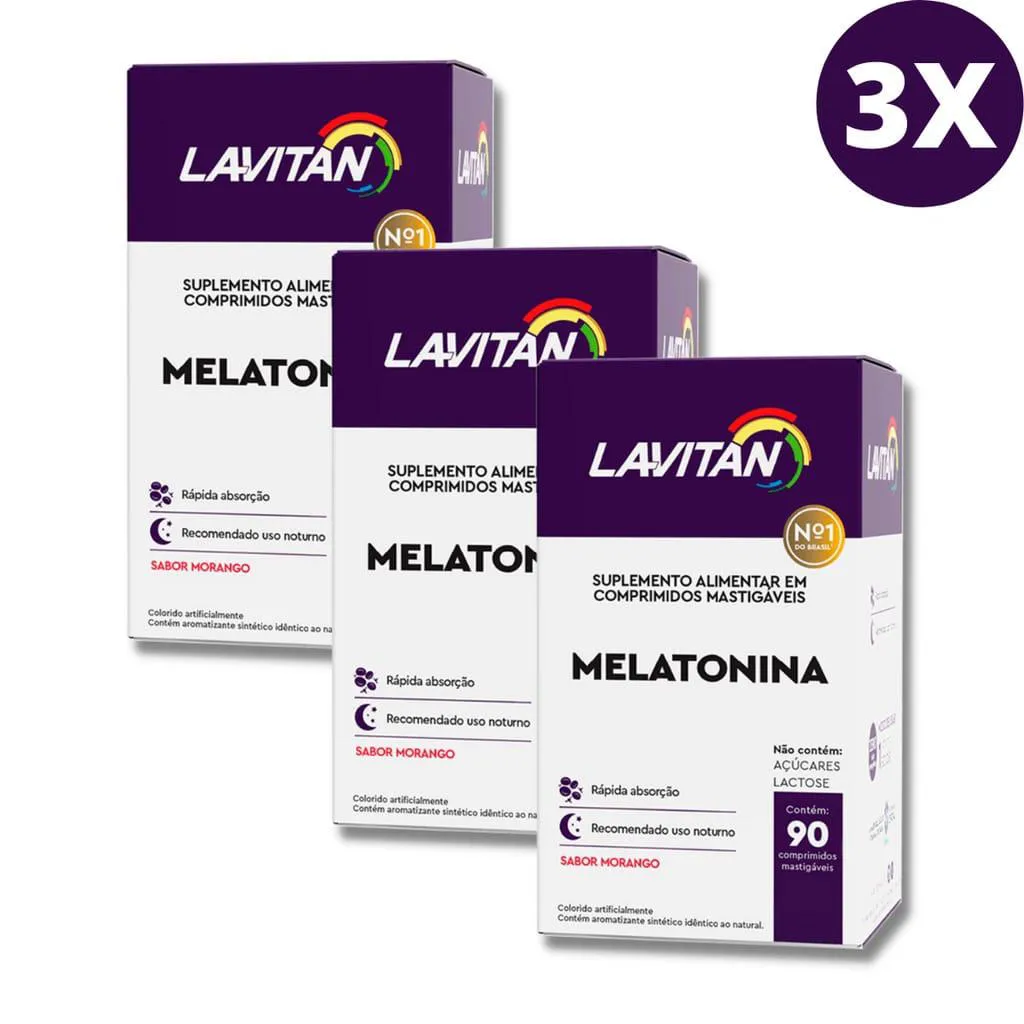 KIT 03 UNIDADES SUPLEMENTO ALIMENTAR LAVITAN MELATONINA MORANGO 150 COMPRIMIDOS