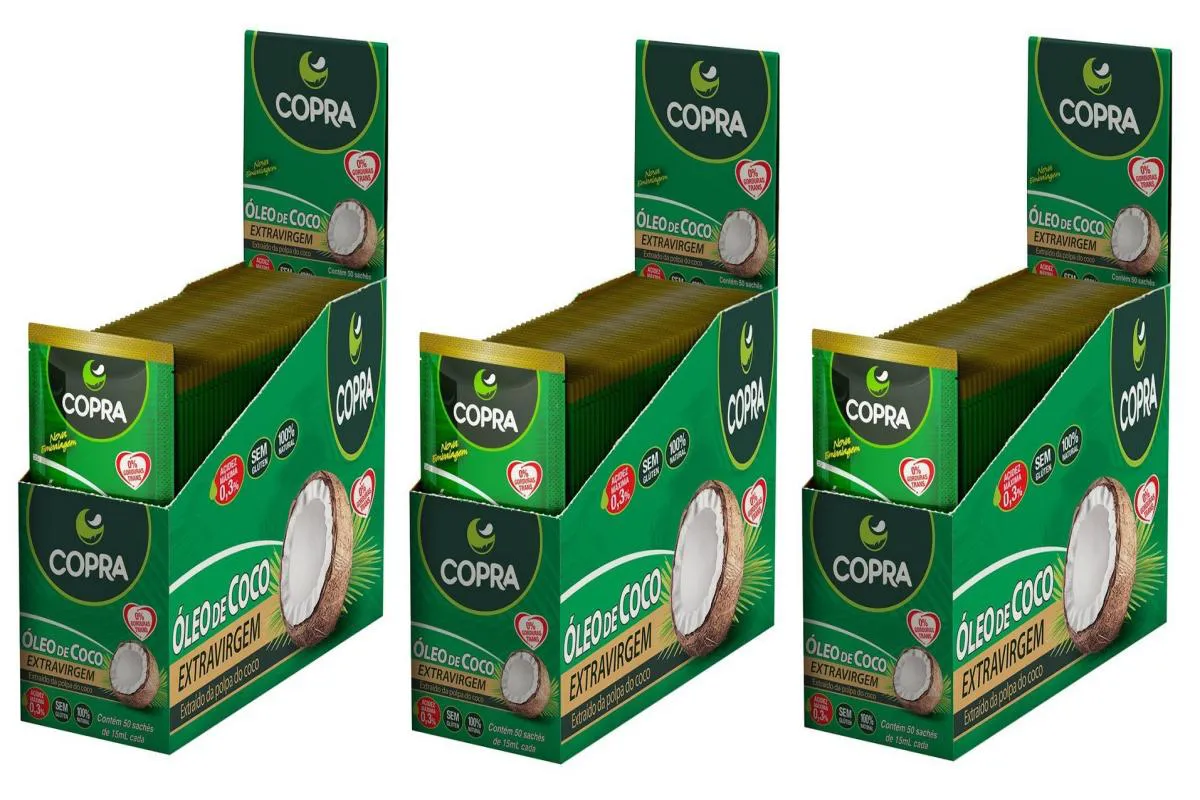 KIT 3UNI ÓLEO DE COCO EXTRA VIRGEM EM SACHê (40X 15ML) COPRA