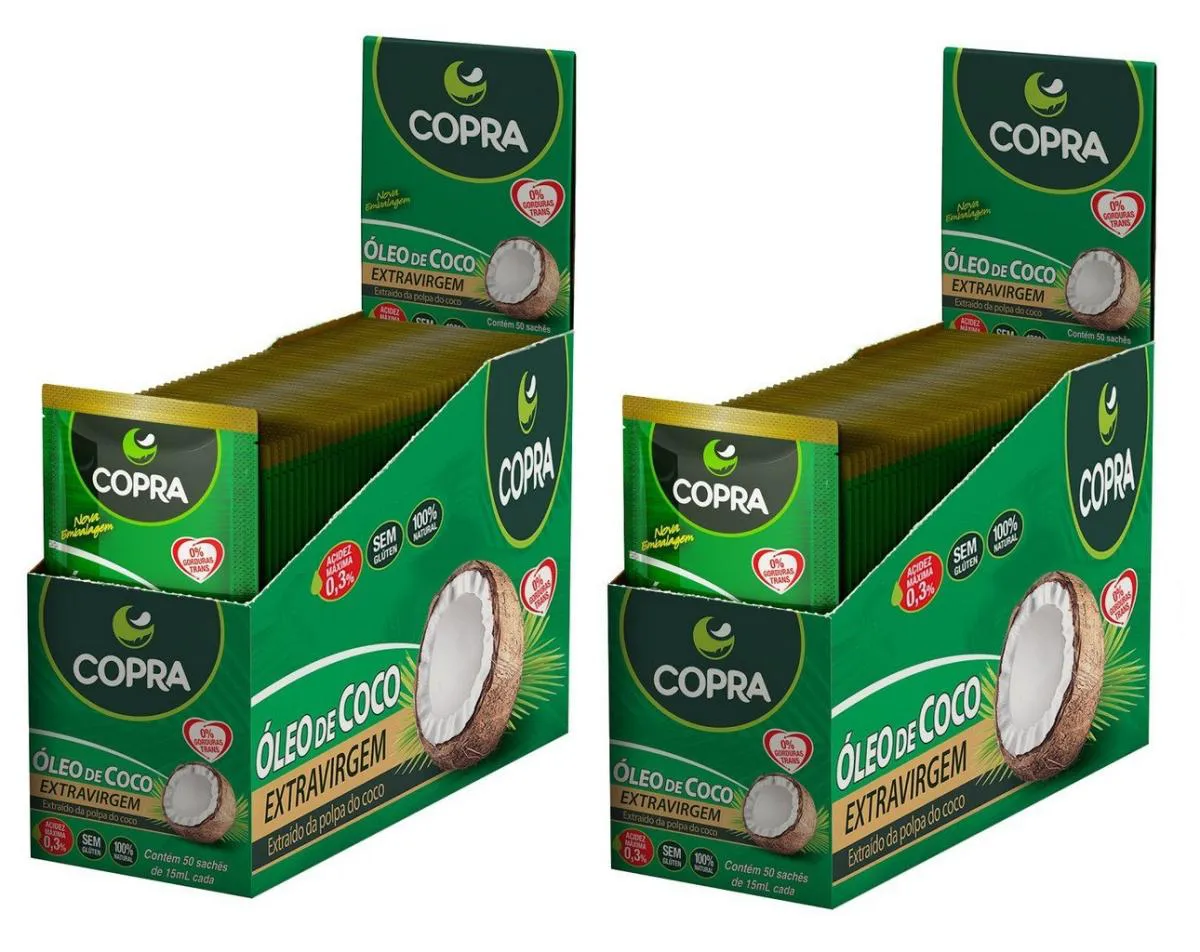 KIT 2UNI ÓLEO DE COCO EXTRA VIRGEM EM SACHê (40X 15ML) COPRA