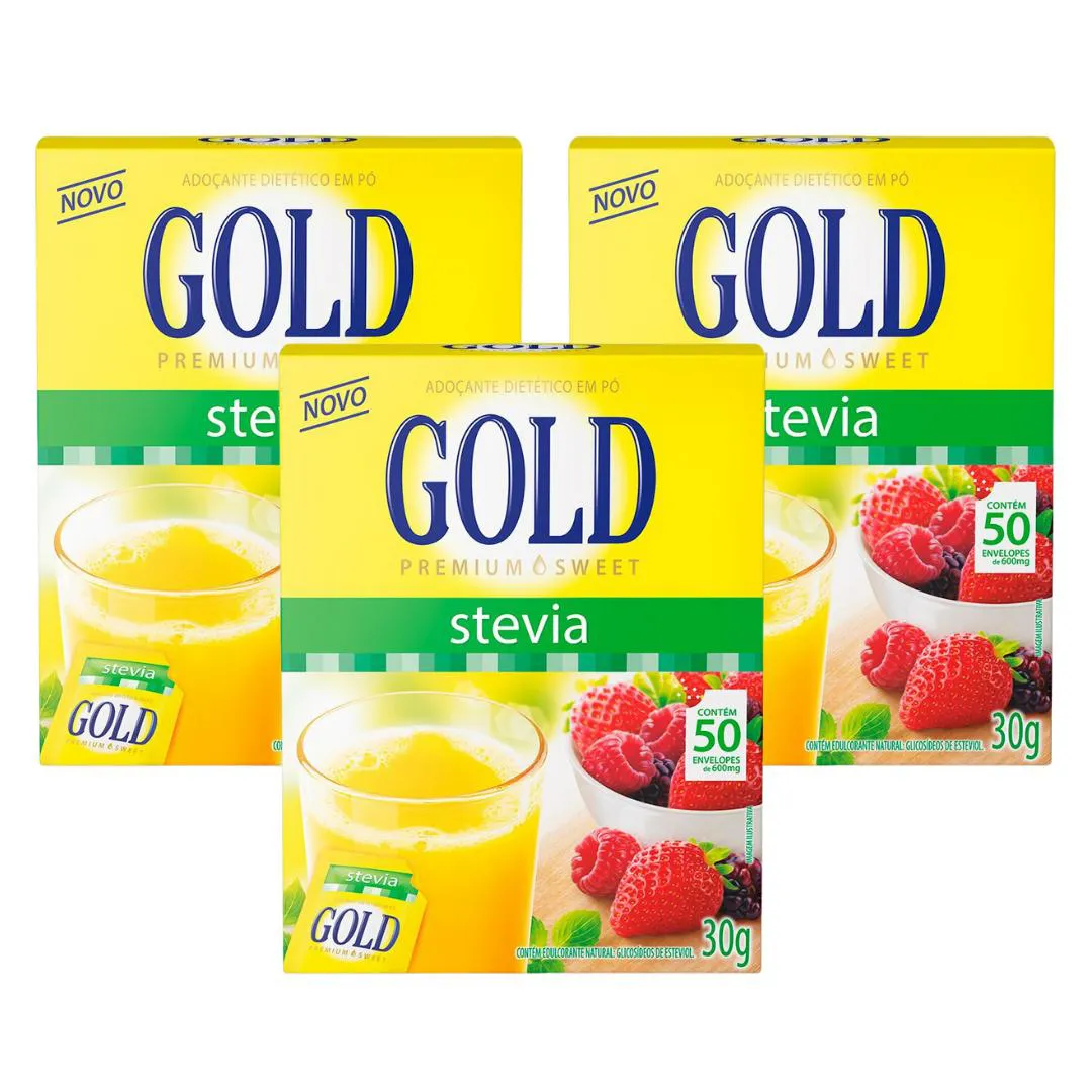 KIT 3UNI GOLD ADOçANTE STEVIA EM Pó 50X 6MG - GOLD