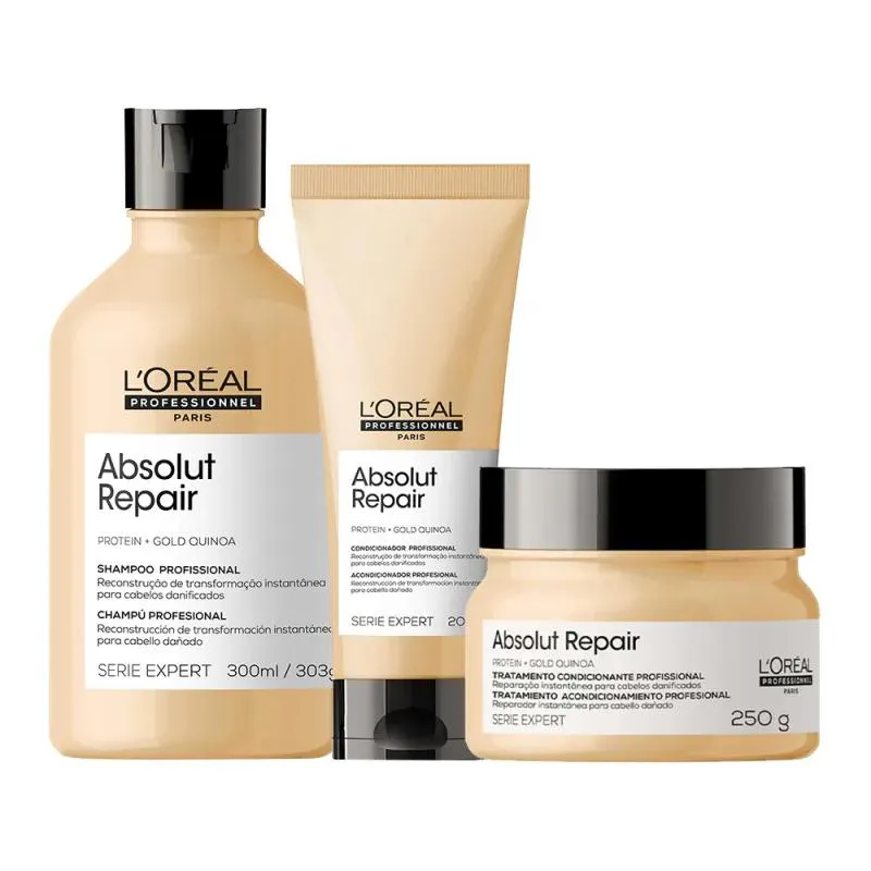 KIT L'ORÉAL PROFESSIONNEL ABSOLUT REPAIR GOLD QUINOA SHAMPOO+CONDICIONADOR+MÁSCARA