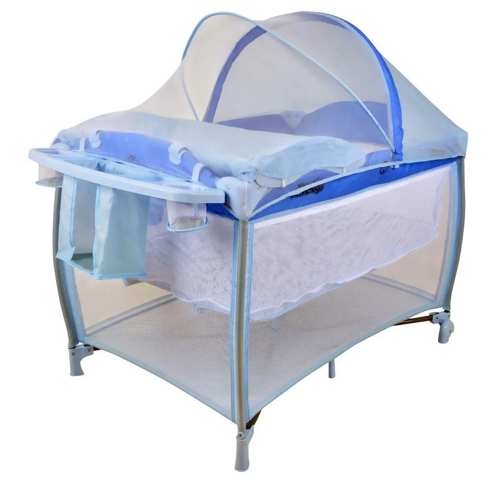 BERçO PORTATIL CERCADO BURIGOTTO NEW ACONCHEGO COM TROCADOR E MOSQUITEIRO BLUE AZUL