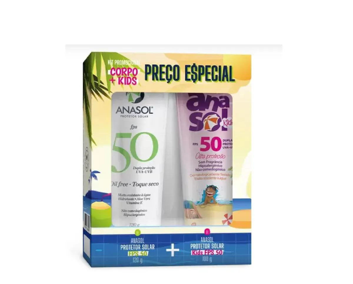 KIT 2 PROTETOR SOLAR FPS50 ADULTO + FPS50 KIDS - ANASOL