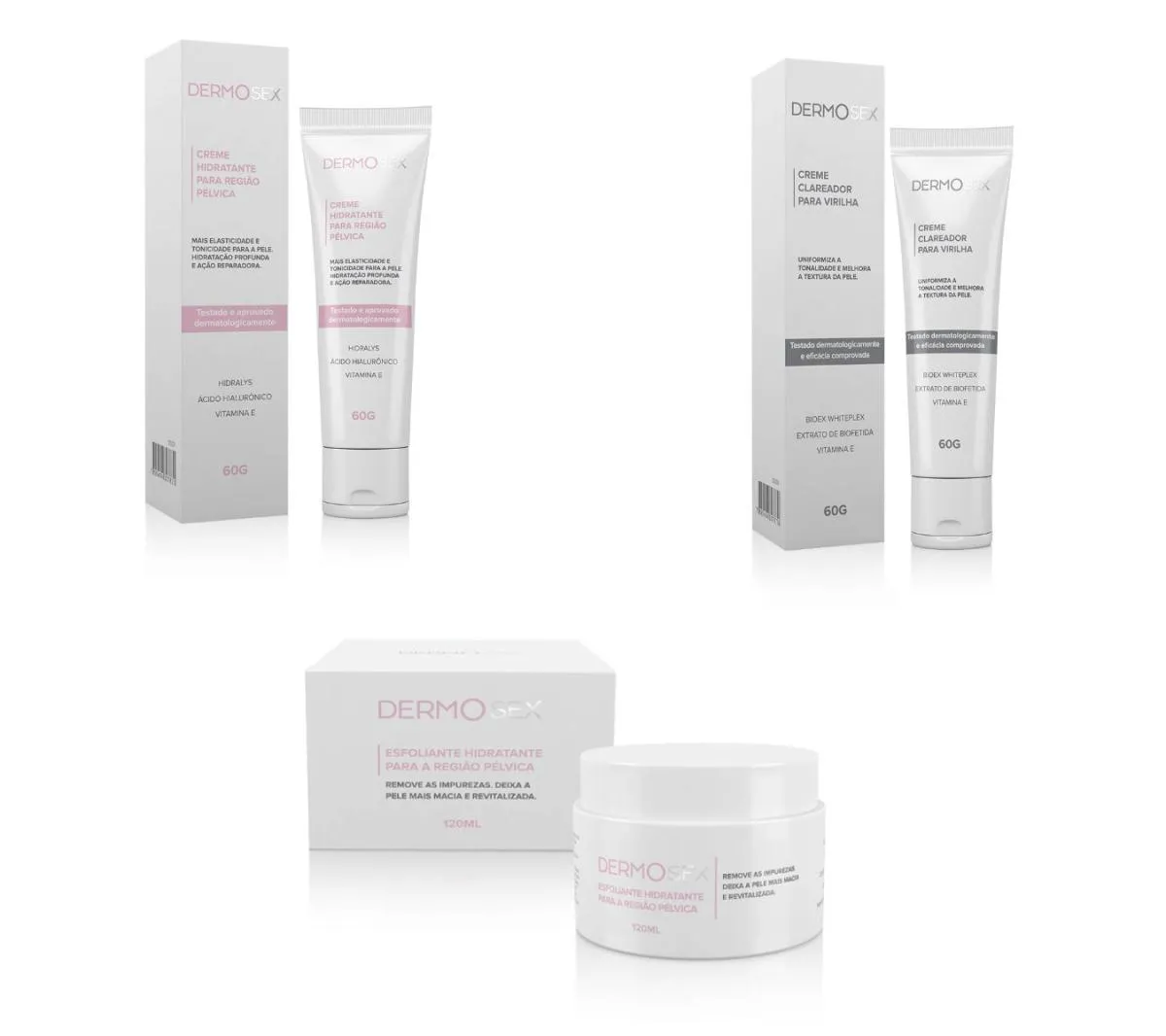 KIT 3 PRODUTOS COM ESFOLIANTE CLAREADOR HIDRATANTE INTIMO LINHA DERMOSEX