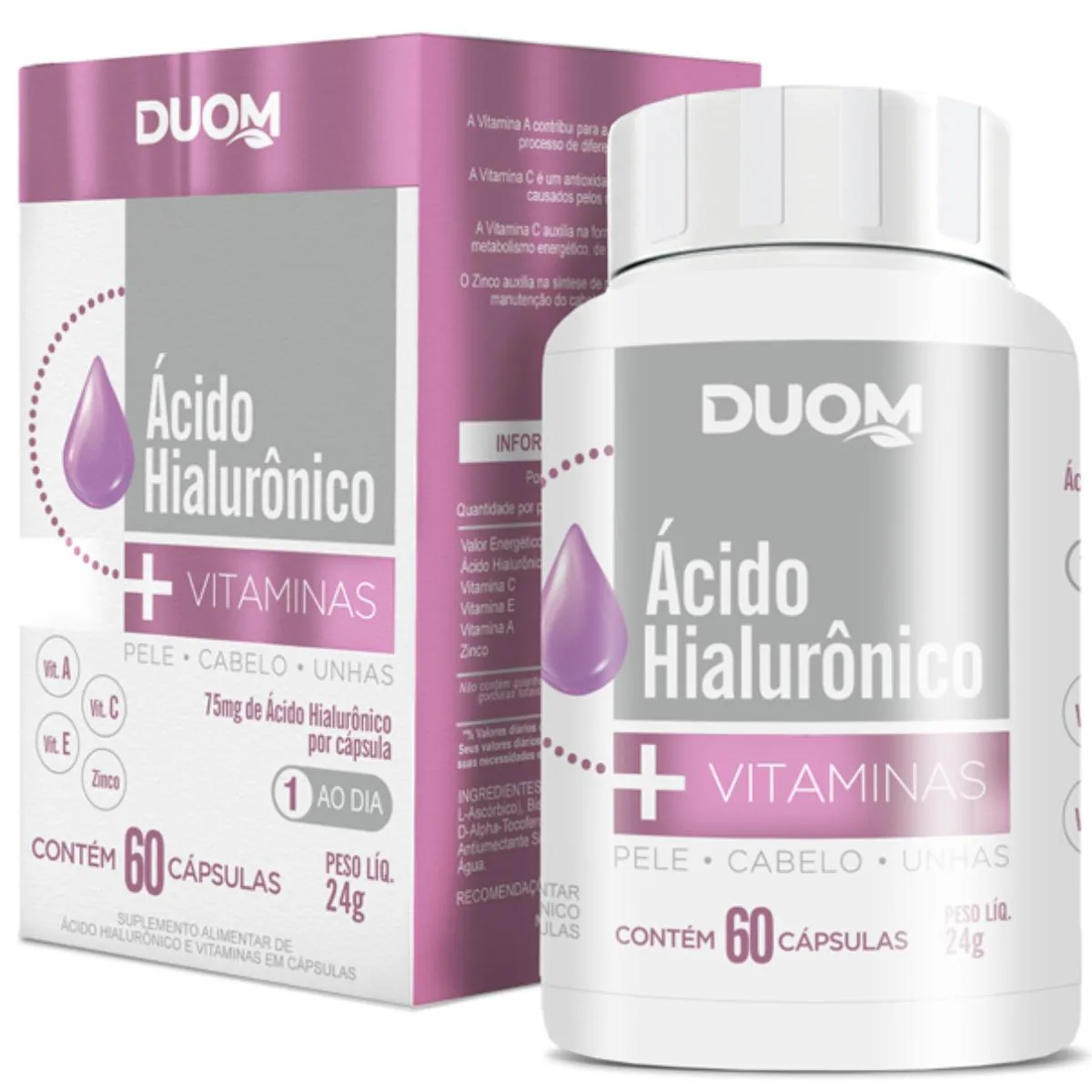 ÁCIDO HIALURÔNICO COM VITAMINAS 1 CÁPSULA DIA - 60 CÁPS DUOM