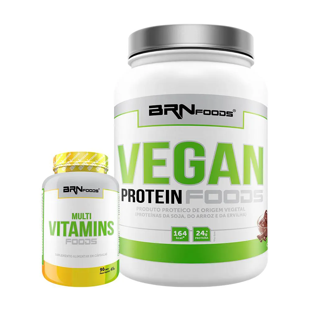 Kit Proteína Vegetal em Pó BRN Foods Vegan Protein Foods Chocolate 500g + Polivitamínico Foods BRN Foods 90 cápsulas 