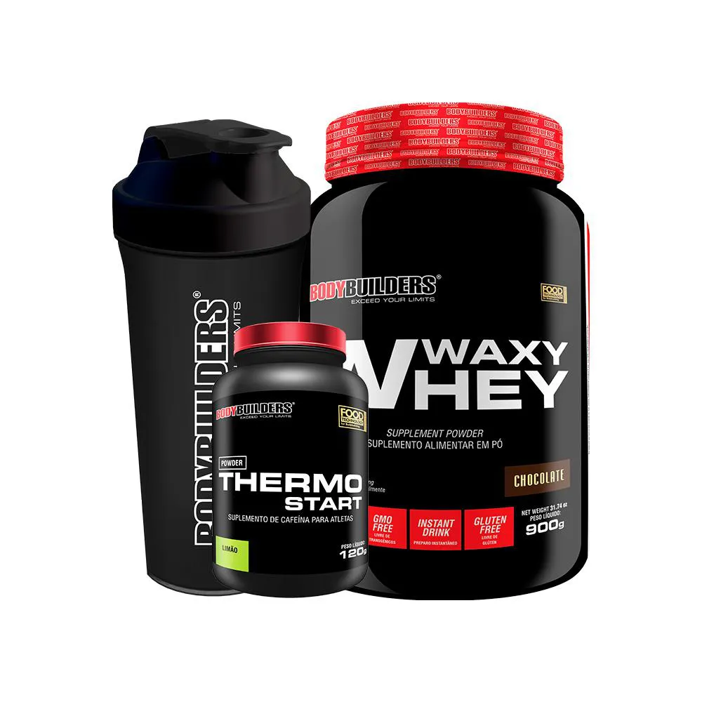KIT WAXY WHEY 900G + THERMO START POWDER 120G LIMãO + COQUETELEIRA - BODYBUILDERS Chocolate