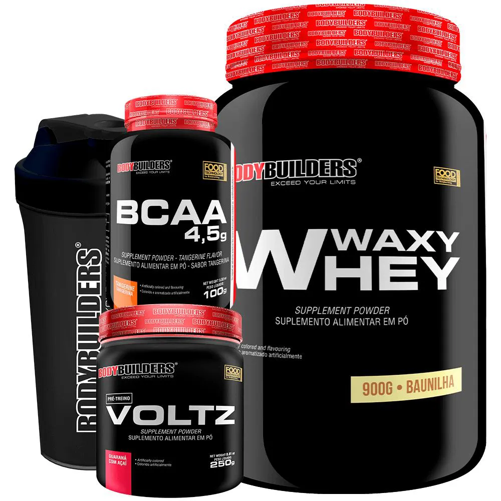 KIT WAXY WHEY (35%) 900G + BCAA 100G + PRé TREINO + COQUETELEIRA - BODYBUILDERS Morango