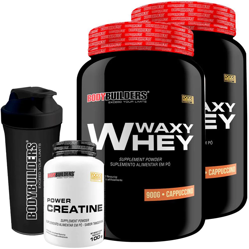 KIT 2X WHEY PROTEIN WAXY WHEY 900G + POWER CREATINA 100G + COQUETELEIRA - BODYBUILDERS Cappuccino