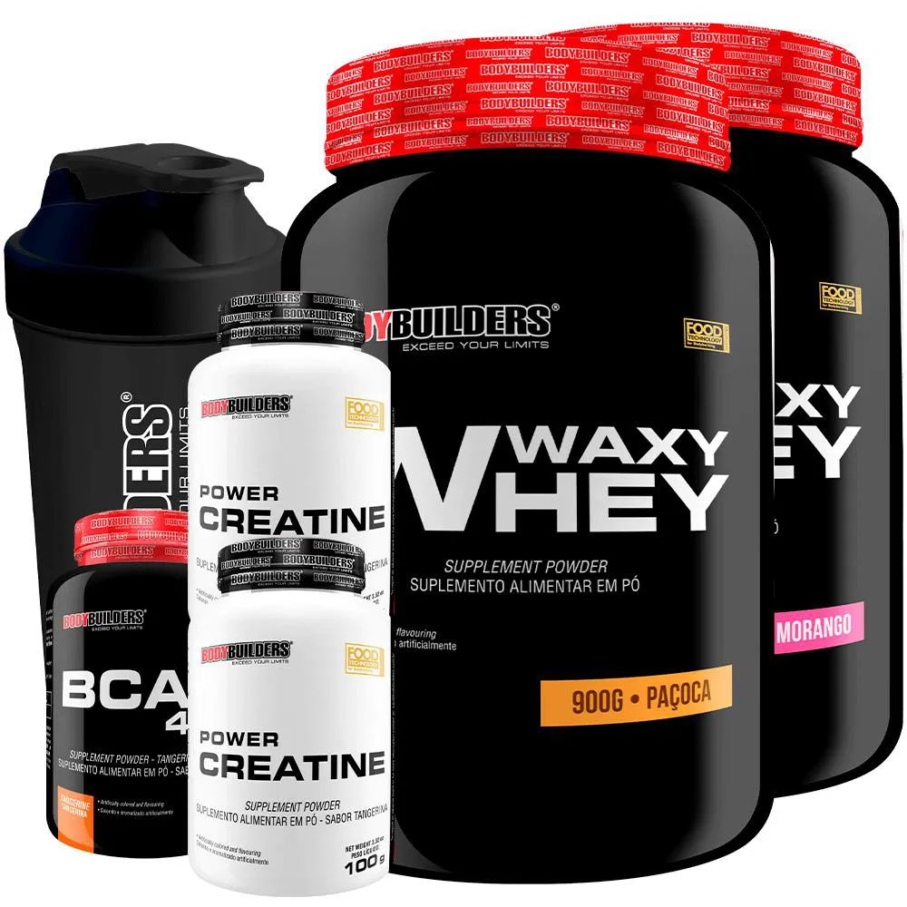 KIT 2X WAXY WHEY 900G + BCAA 4.5 100G + 2X POWER CREATINA 100G + COQUETELEIRA - BODYBUILDERS Morango E Paçoca
