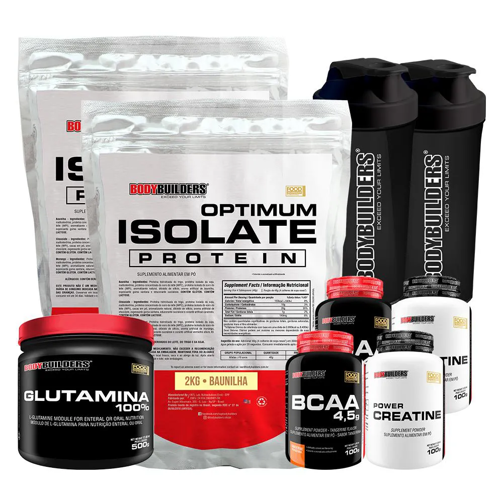 KIT 2X OPTIMUM ISOLATE PROTEIN 2KG + 2X BCAA100G+ 2X CREATINA100G + GLUTAMINA 500G + 2X COQUETELEIRA SABOR BAUNILHA  - BODYBUILDERS