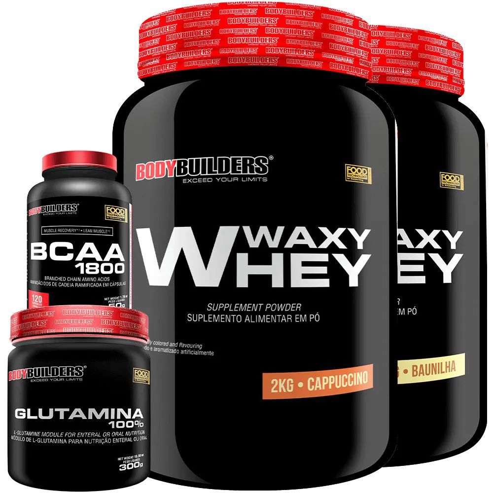 KIT 2X WHEY PROTEIN WAXY WHEY 2KG + GLUTAMINA 300G + BCAA 1800 120 ...