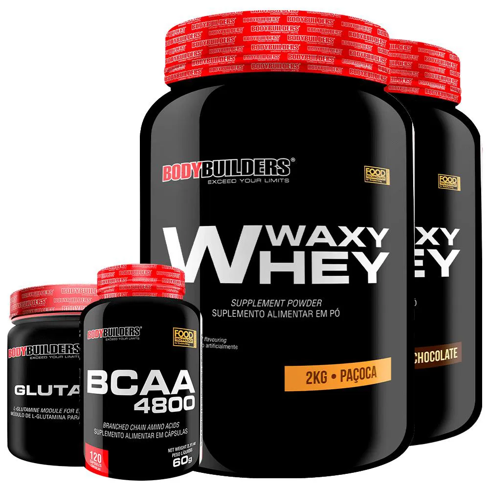 KIT 2X WHEY PROTEIN WAXY WHEY 2KG + GLUTAMINA 300G + BCAA 4800 120 CáPSULAS - BODYBUILDERS Chocolate E Paçoca