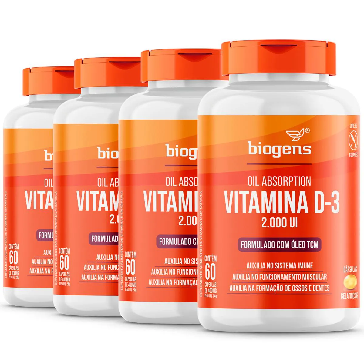 KIT 4X ULTRA VITAMINA D3 2000UI 60 CAP'S GEL TCM BIOGENS Neutro