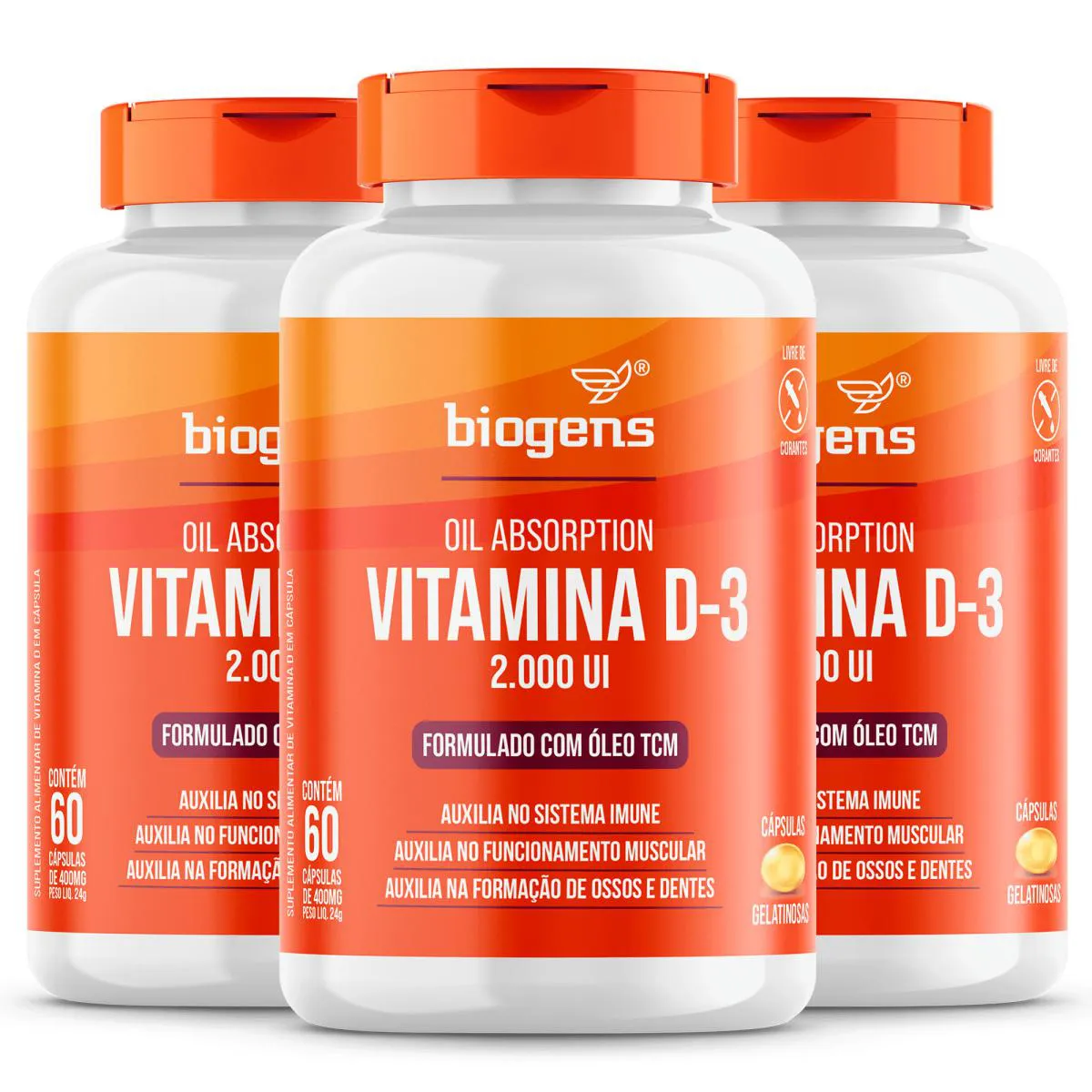 KIT 3X ULTRA VITAMINA D3 2000UI 60 CAP'S GEL TCM OIL BIOGENS Neutro