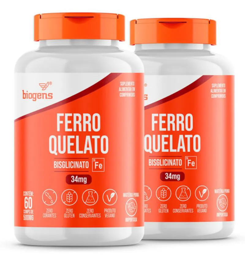 KIT 2X FERRO QUELATO BISGLICINATO 34MG60 TAB BIOGENS Sem Sabor