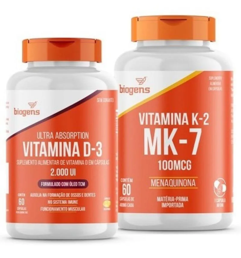 KIT C/ VITAMINA D3 2000UI+ K2 MK-7 100MCG. 60CPS. BIOGENS Neutro