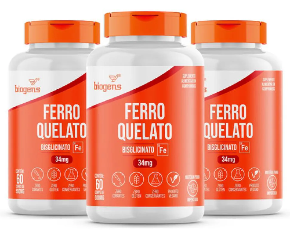 KIT 3X FERRO QUELATO BISGLICINATO 34MG 60 TAB BIOGENS Sem Sabor