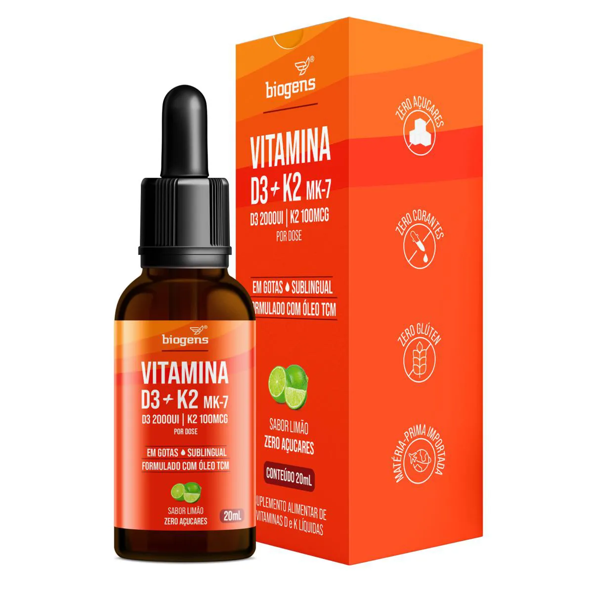 BIOGENS VITAMINA D3 2000UI + K2 MK7 100MCG LIMÃO 20ML