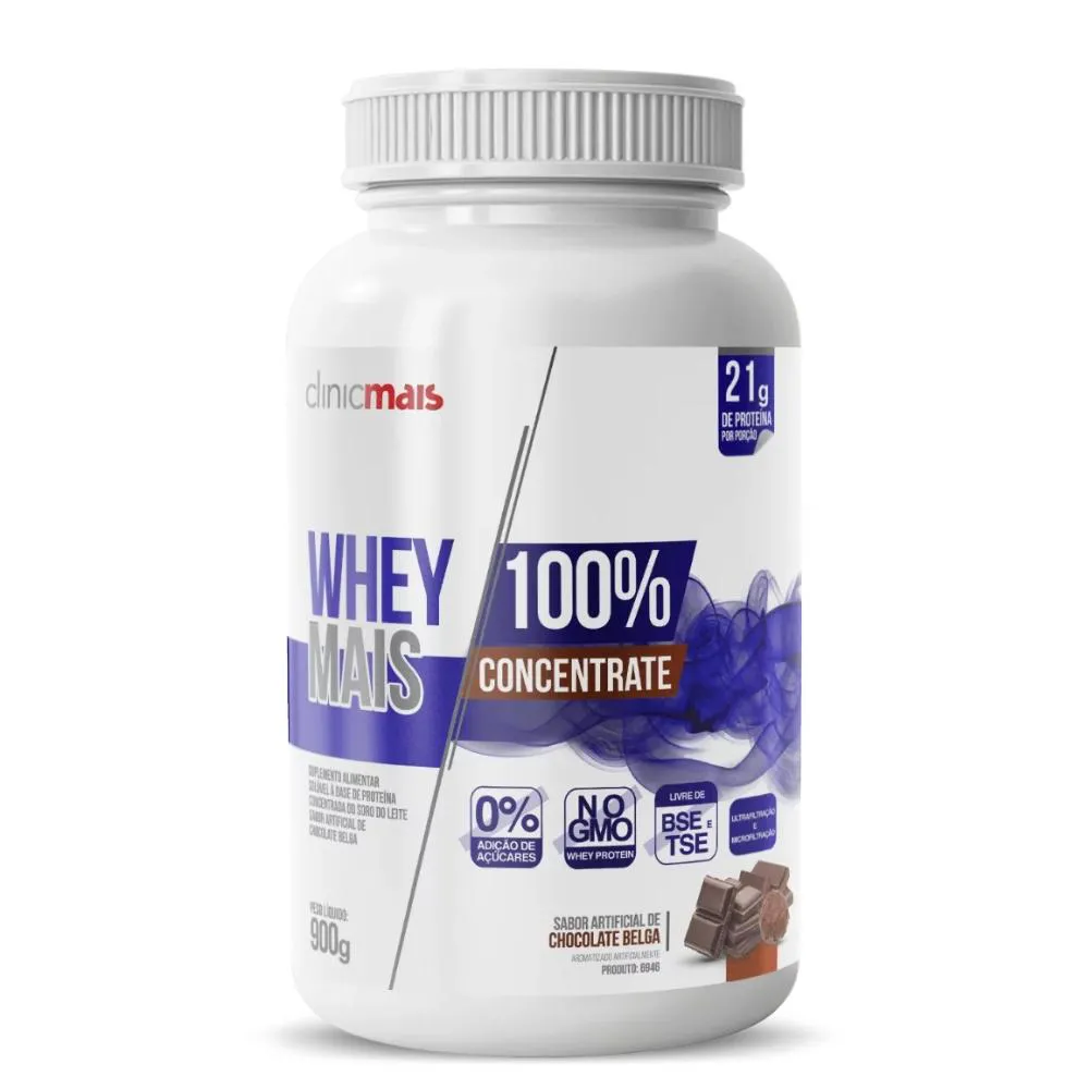 WHEY PROTEIN 100% CONCENTRADO 900G SABOR CHOCOLATE BELGA CLINICMAIS