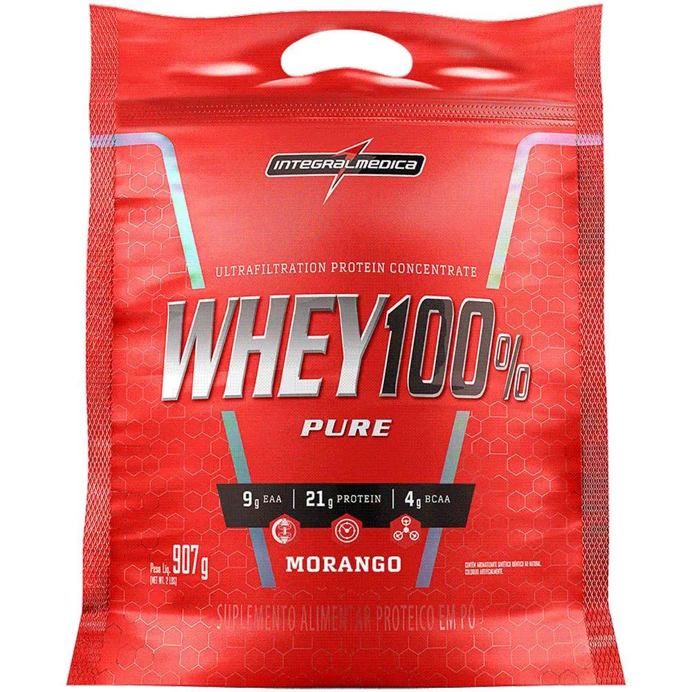 WHEY PROTEIN 100% PURE 907GR REFIL - INTEGRAL MéDICA - MORANGO