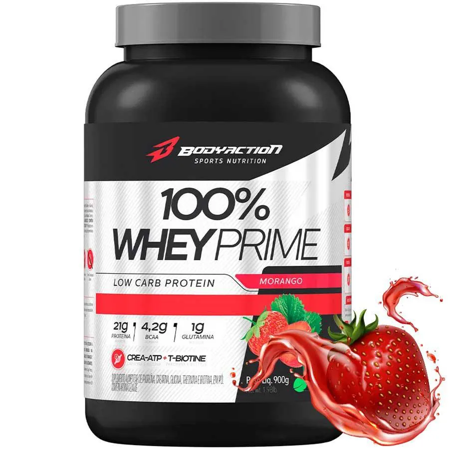 100% WHEY CONCENTRADO PRIME 21G PROTEINA 900G BODYACTION - MORANGO
